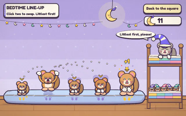 Bedtime Line-Up: sleepy dormice in a row on a long pillow beside a bunk bed, under a crescent moon