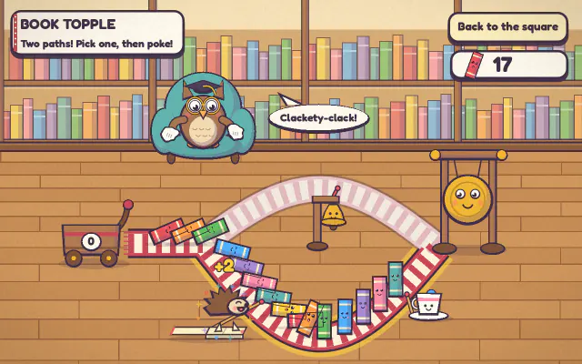 Book Topple: a curving line of books on a stripy rug leads to a brass gong in a cosy library