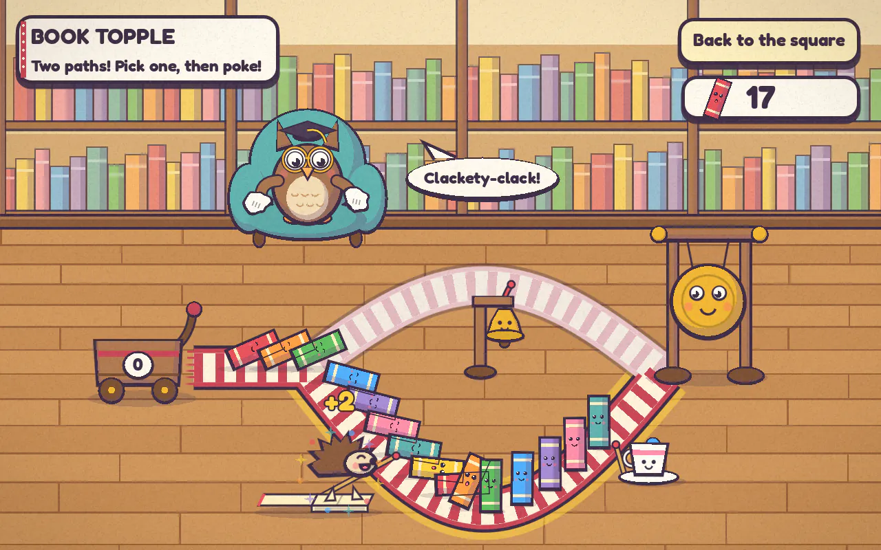 Book Topple: a curving line of books on a stripy rug leads to a brass gong in a cosy library