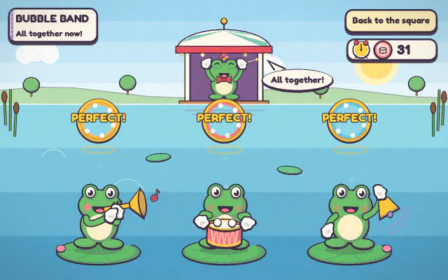 Bubble Band: three frogs on lily pads play a trumpet, a drum and a bell as bubbles rise to golden rings