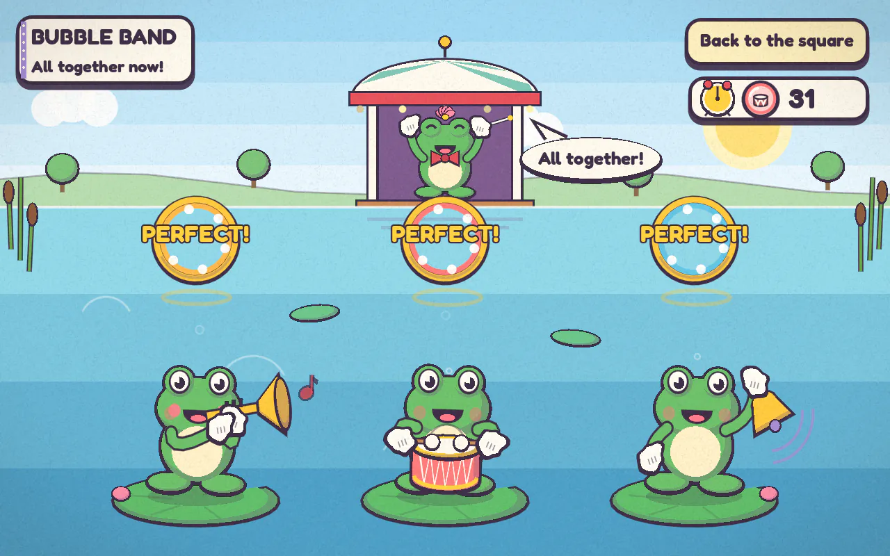 Bubble Band: three frogs on lily pads play a trumpet, a drum and a bell as bubbles rise to golden rings