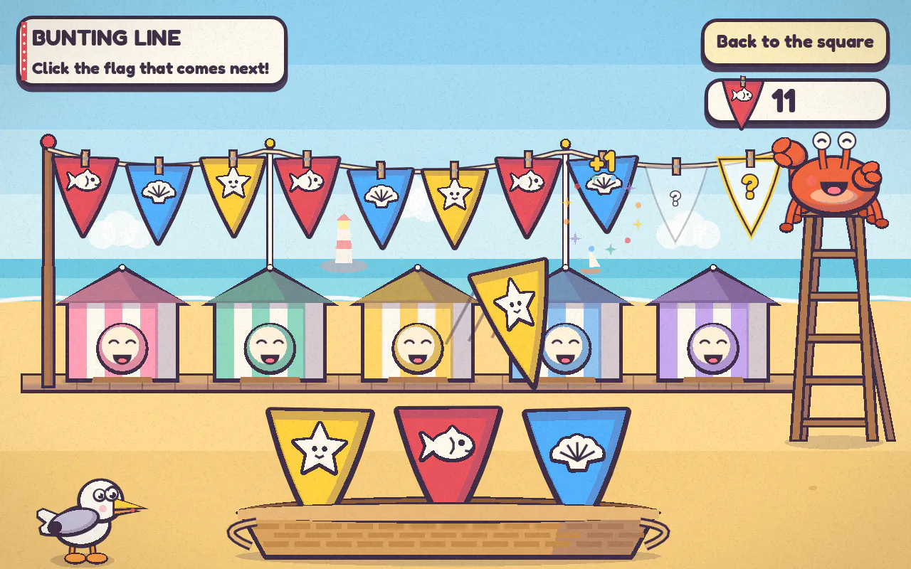Bunting Line: a string of colourful flags with gaps hangs above beach huts, with Barnaby the crab on a ladder and three flags to choose from