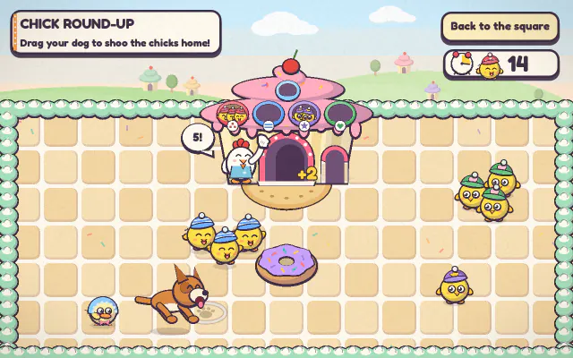 Chick Round-Up: a puppy herds little chicks in caps across a cookie-coloured plaza toward a cupcake coop