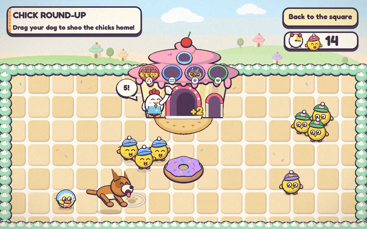 Chick Round-Up: a puppy herds little chicks in caps across a cookie-coloured plaza toward a cupcake coop