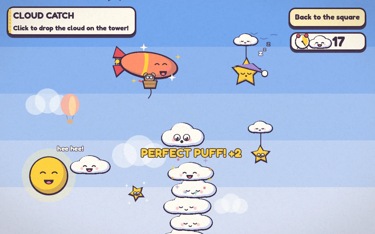 Cloud Catch: a little blimp flies over a tower of smiling clouds, with the words PERFECT PUFF and the sleepy star dozing nearby