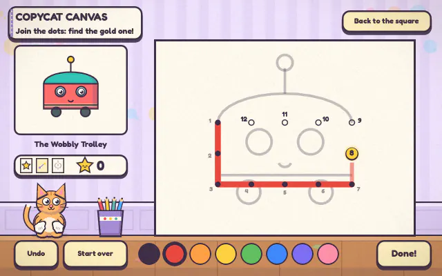 Copycat Canvas: a join-the-dots page part-way done, with neat red lines between numbered dots, beside its picture card and a row of paint colours