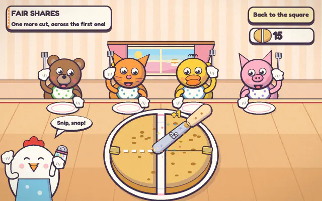 Fair Shares: a crumpet being cut into pieces, with hungry animal neighbours waiting at the table