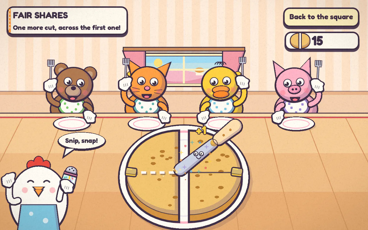 Fair Shares: a crumpet being cut into pieces, with hungry animal neighbours waiting at the table