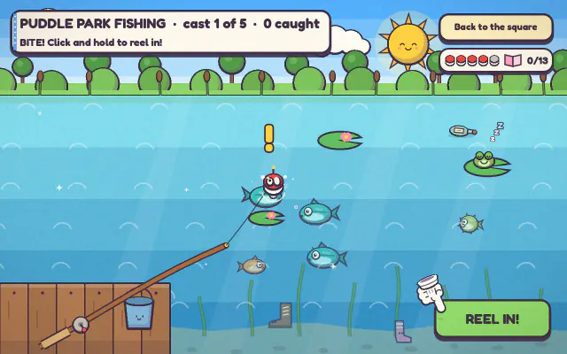 Fishing: a fish bites in a clear pond with lily pads at Puddle Park, with a big Reel in! button