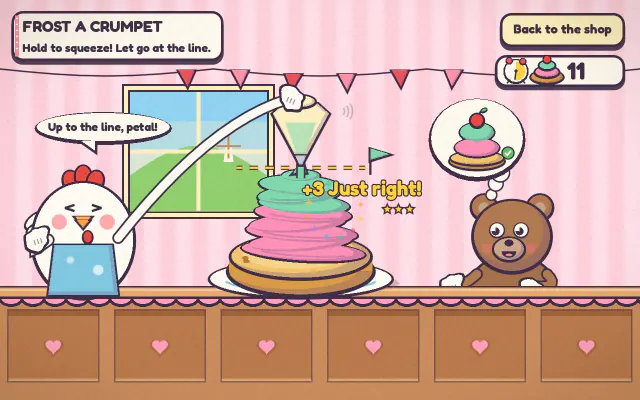 Frost a Crumpet: Nell the chicken pipes a tall pink frosting tower onto a crumpet while a bear customer waits