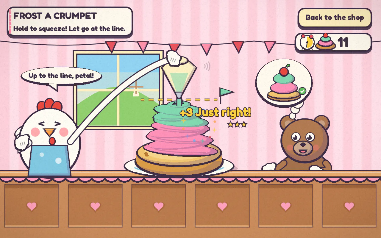 Frost a Crumpet: Nell the chicken pipes a tall pink frosting tower onto a crumpet while a bear customer waits