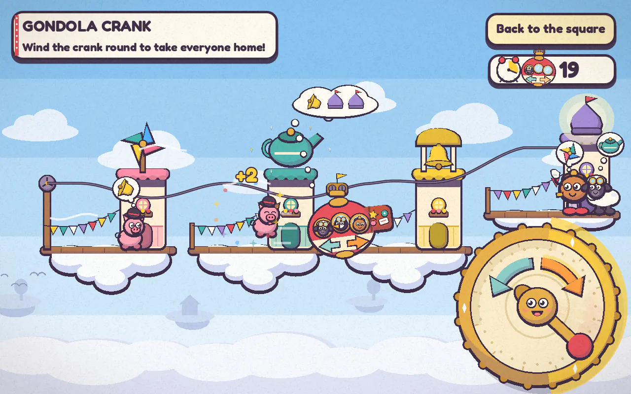 Gondola Crank: a red cable car hangs on its cable between floating cloud stations, beside a big brass crank