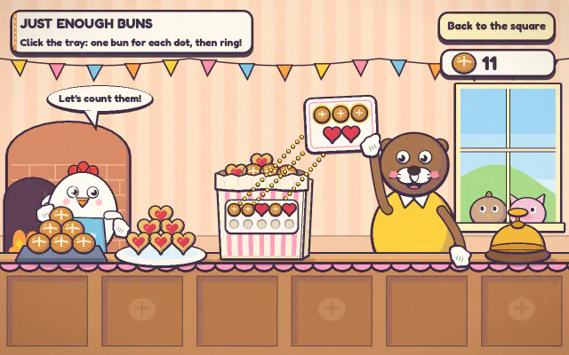 Just Enough Buns: a bear customer holds up an order card at the bakery counter, beside trays of buns and a striped paper bag