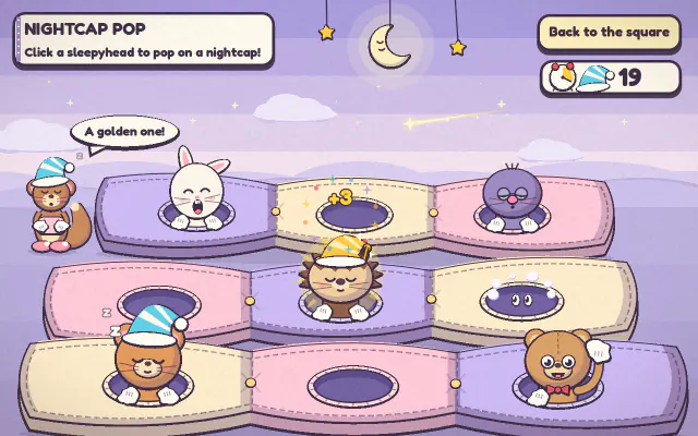 Nightcap Pop: sleepy critters pop out of the buttonholes of big quilted pillows, and one wears a striped nightcap