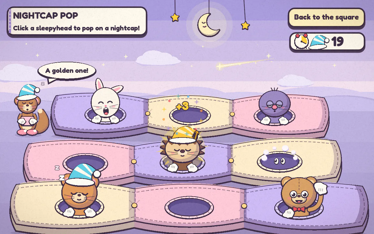 Nightcap Pop: sleepy critters pop out of the buttonholes of big quilted pillows, and one wears a striped nightcap