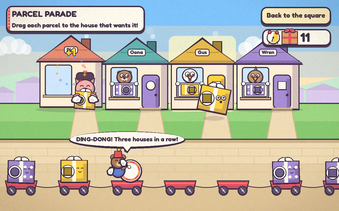 Parcel Parade: little carts carry parcels along a street of colourful houses, and a neighbour hugs a delivered parcel