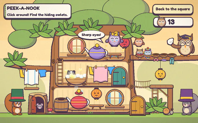 Peek-a-Nook: a cut-away treehouse full of cosy rooms, with owlets hiding among the furniture