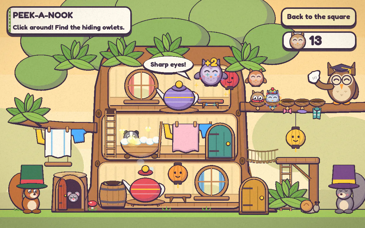 Peek-a-Nook: a cut-away treehouse full of cosy rooms, with owlets hiding among the furniture