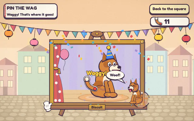 Pin the Wag: a painted portrait of a puppy stands on an easel at a party with bunting and balloons, and the real puppy sits beside it