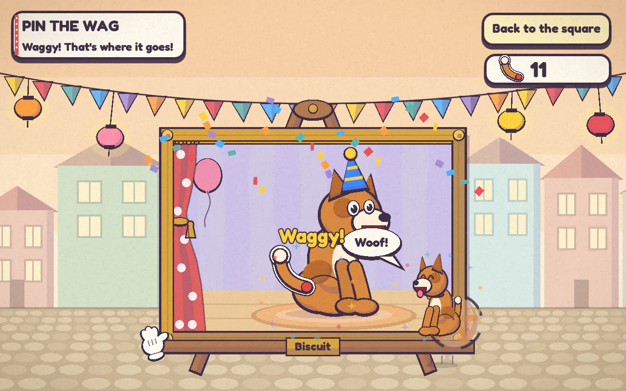 Pin the Wag: a painted portrait of a puppy stands on an easel at a party with bunting and balloons, and the real puppy sits beside it