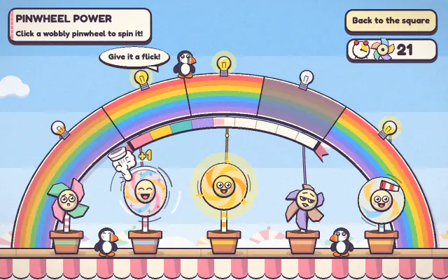 Pinwheel Power: a row of smiling pinwheels in flowerpots lights up a big rainbow sign