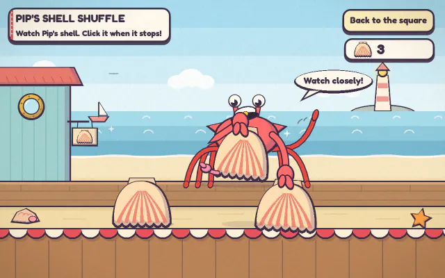 Pip's Shell Shuffle: Barnaby the crab shuffles big scallop shells on a sunny beach, with a lighthouse behind