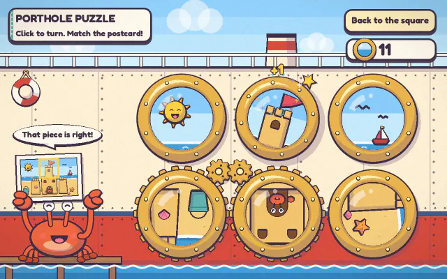 Porthole Puzzle: round brass portholes on a ship, each showing a turned piece of a sea picture, with Barnaby the crab holding a postcard
