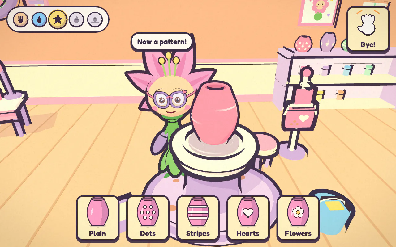 Pottery Wheel: Lillian the lily beside her pottery wheel with a pink glazed pot on it, above a row of pattern buttons: Plain, Dots, Stripes, Hearts and Flowers