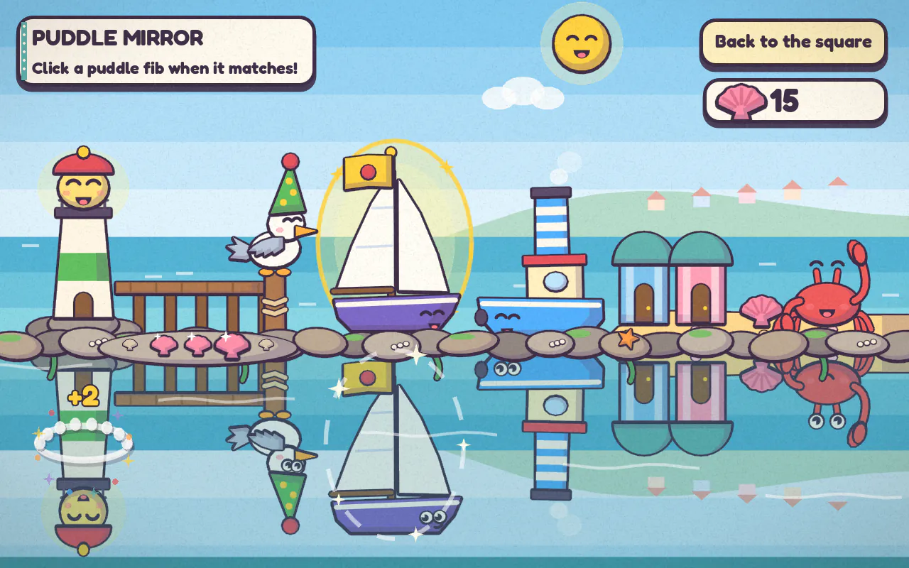 Puddle Mirror: a harbour with a lighthouse and sailing boats, and its reflection in a rock pool below