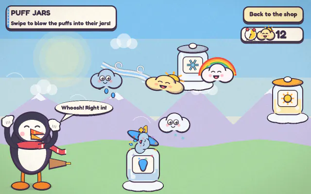 Puff Jars: Gusty the puffin and little sun, rain and snow puffs drifting between jars in the sky