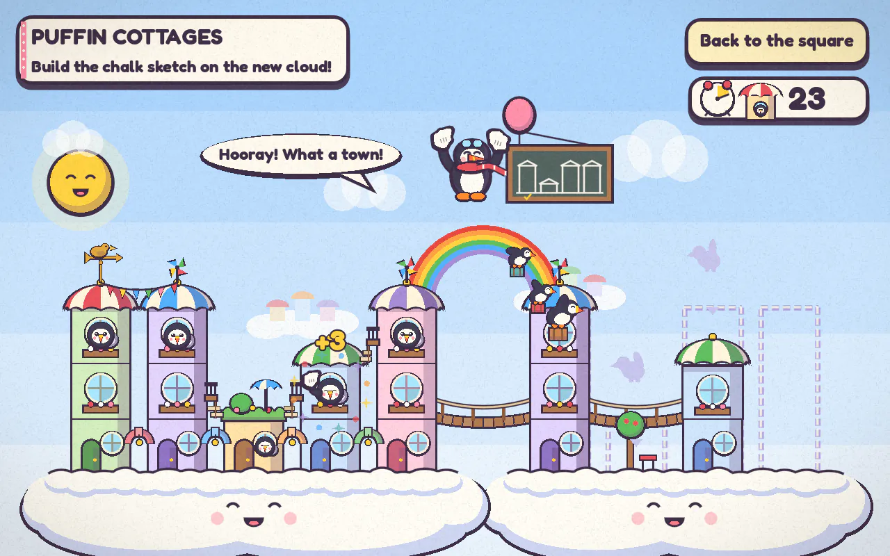 Puffin Cottages: colourful umbrella cottages and a rainbow on fluffy clouds, with a puffin flying in