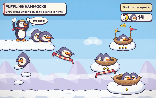 Puffling Hammocks: puffin chicks bounce off stripy hammock ropes toward nests on the clouds