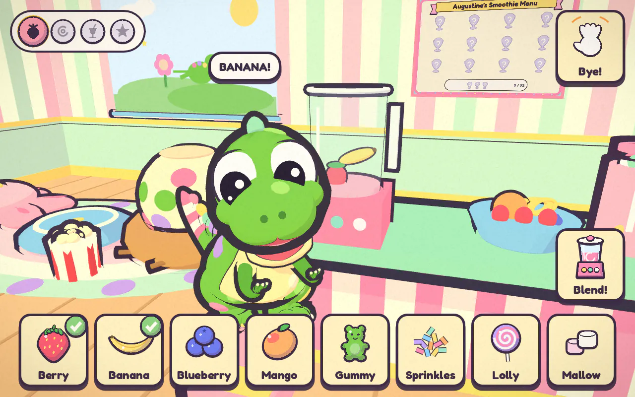 Smoothie Bar: Augustine the little green dino at his candy-striped smoothie bar, with a strawberry and a banana in the blender and a row of fruit and candy buttons below, Berry and Banana ticked