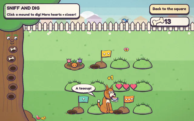 Sniff and Dig: a puppy digs in a lawn of grassy mounds, with little flags and hearts showing how close the treasure is