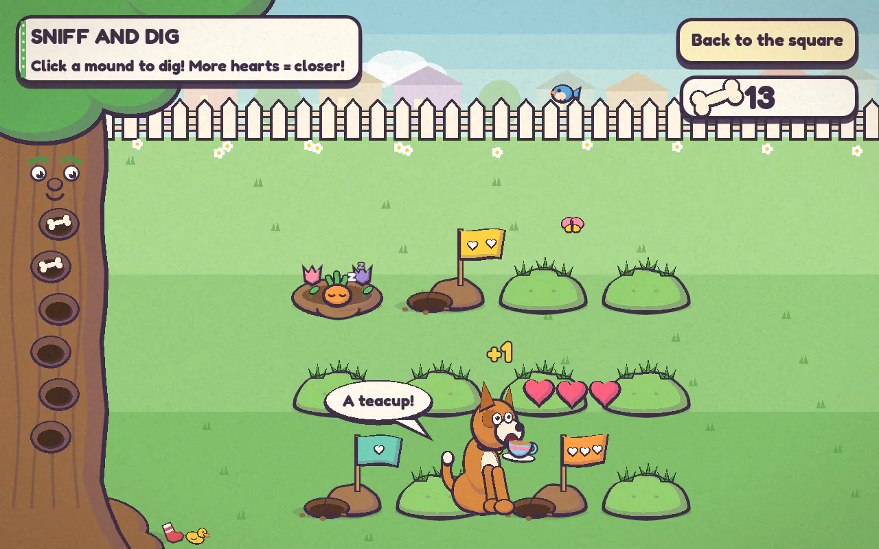 Sniff and Dig: a puppy digs in a lawn of grassy mounds, with little flags and hearts showing how close the treasure is