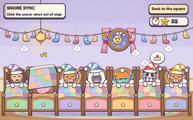Snore Sync: a row of sleepy animals in nightcaps snoring in cosy beds, under a round window with the moon