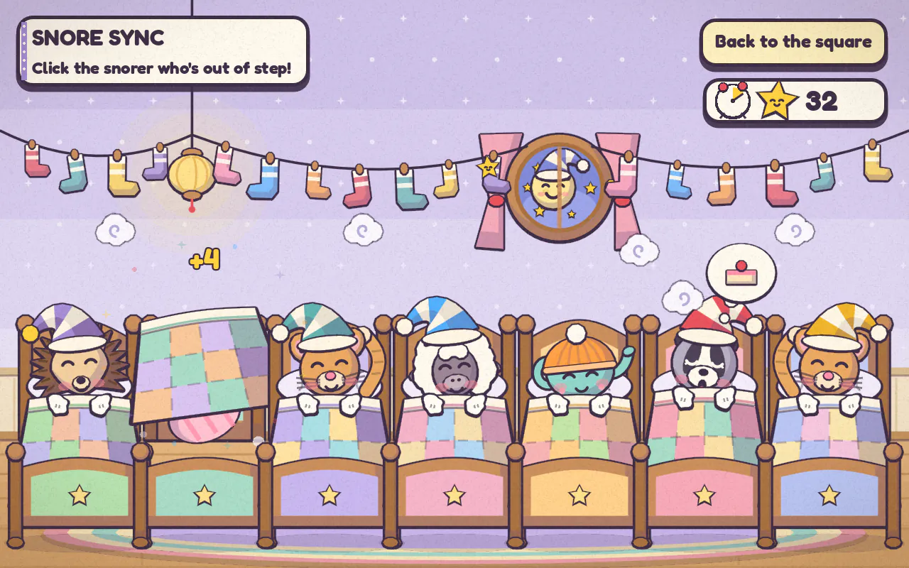 Snore Sync: a row of sleepy animals in nightcaps snoring in cosy beds, under a round window with the moon