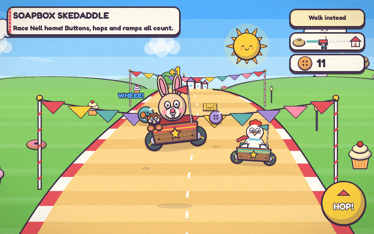 Soapbox Skedaddle: the bunny races a soapbox cart down a road lined with bunting, alongside a chicken in a teal cart