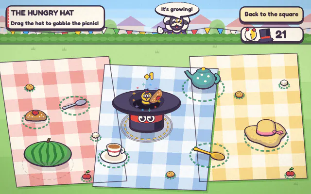 The Hungry Hat: a hungry top hat hops across picnic blankets scattered with a watermelon, a teapot, a sun hat and spoons