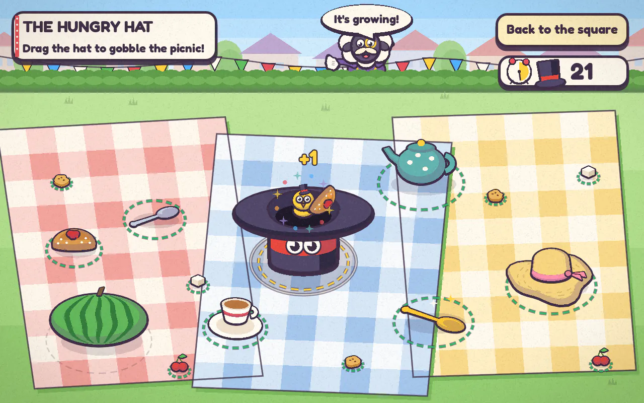 The Hungry Hat: a hungry top hat hops across picnic blankets scattered with a watermelon, a teapot, a sun hat and spoons