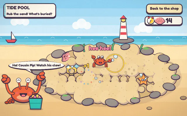 Tide Pool: Barnaby the crab beside a sandy tide pool, with shells peeking out of the sand and a lighthouse behind