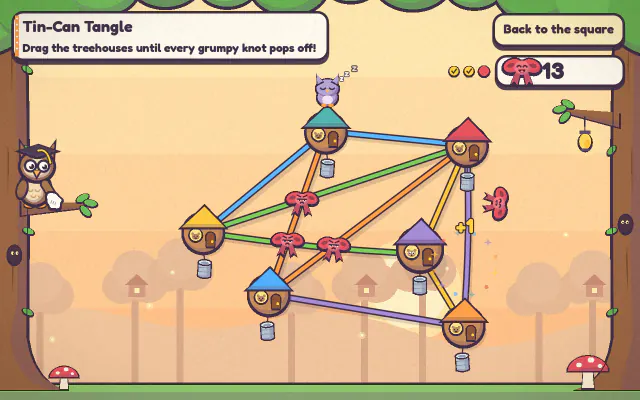 Tin-Can Tangle: little treehouses joined by crossing tin-can telephone strings, with knotted bows where they cross
