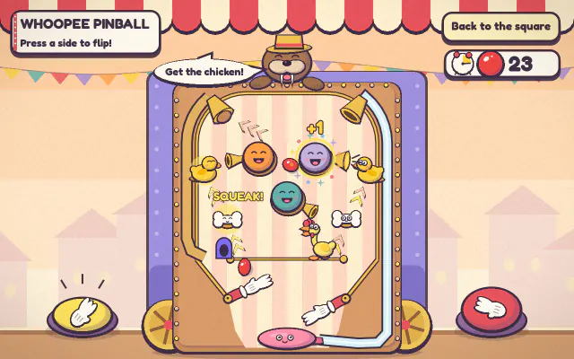 Whoopee Pinball: a pinball table with smiling bumpers, rubber ducks, a rubber chicken and white glove flippers