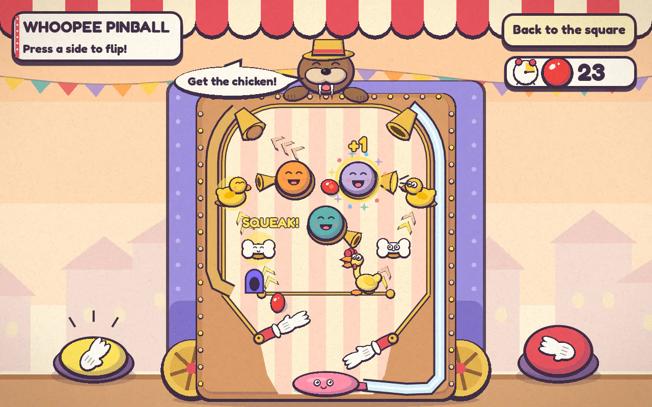 Whoopee Pinball: a pinball table with smiling bumpers, rubber ducks, a rubber chicken and white glove flippers